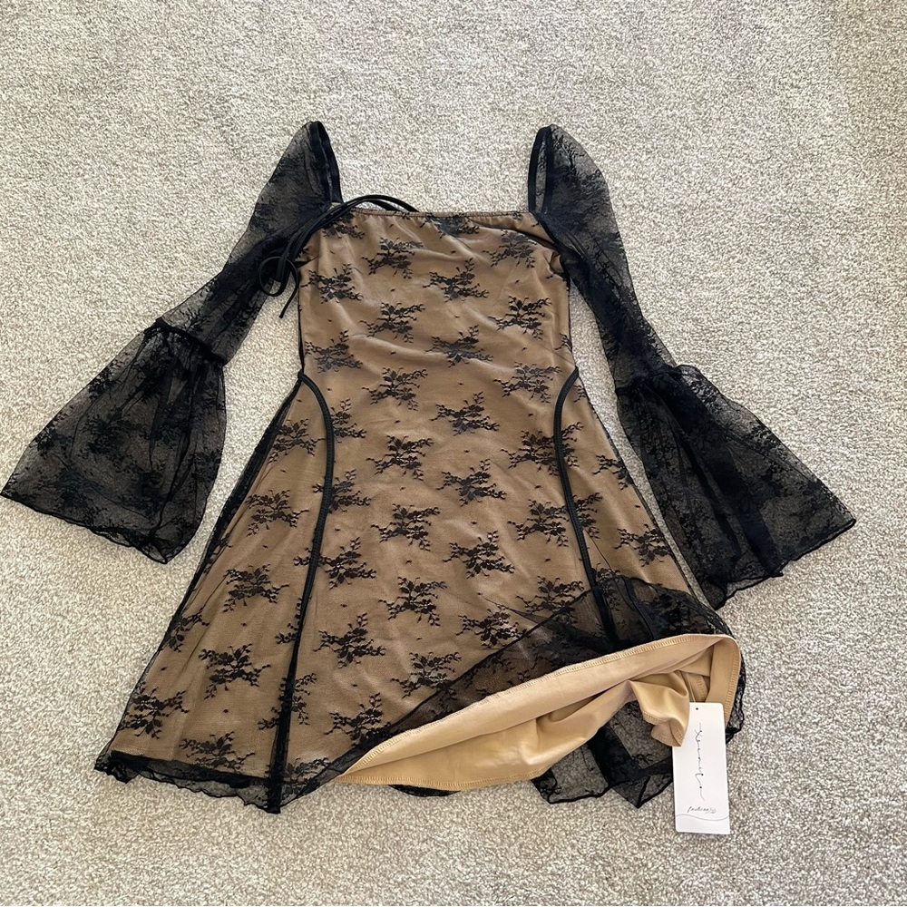 Whimsygoth Black Lace Overlay Fitted Mini Dress with Lace Bell Sleeves NWT - Picture 7 of 10